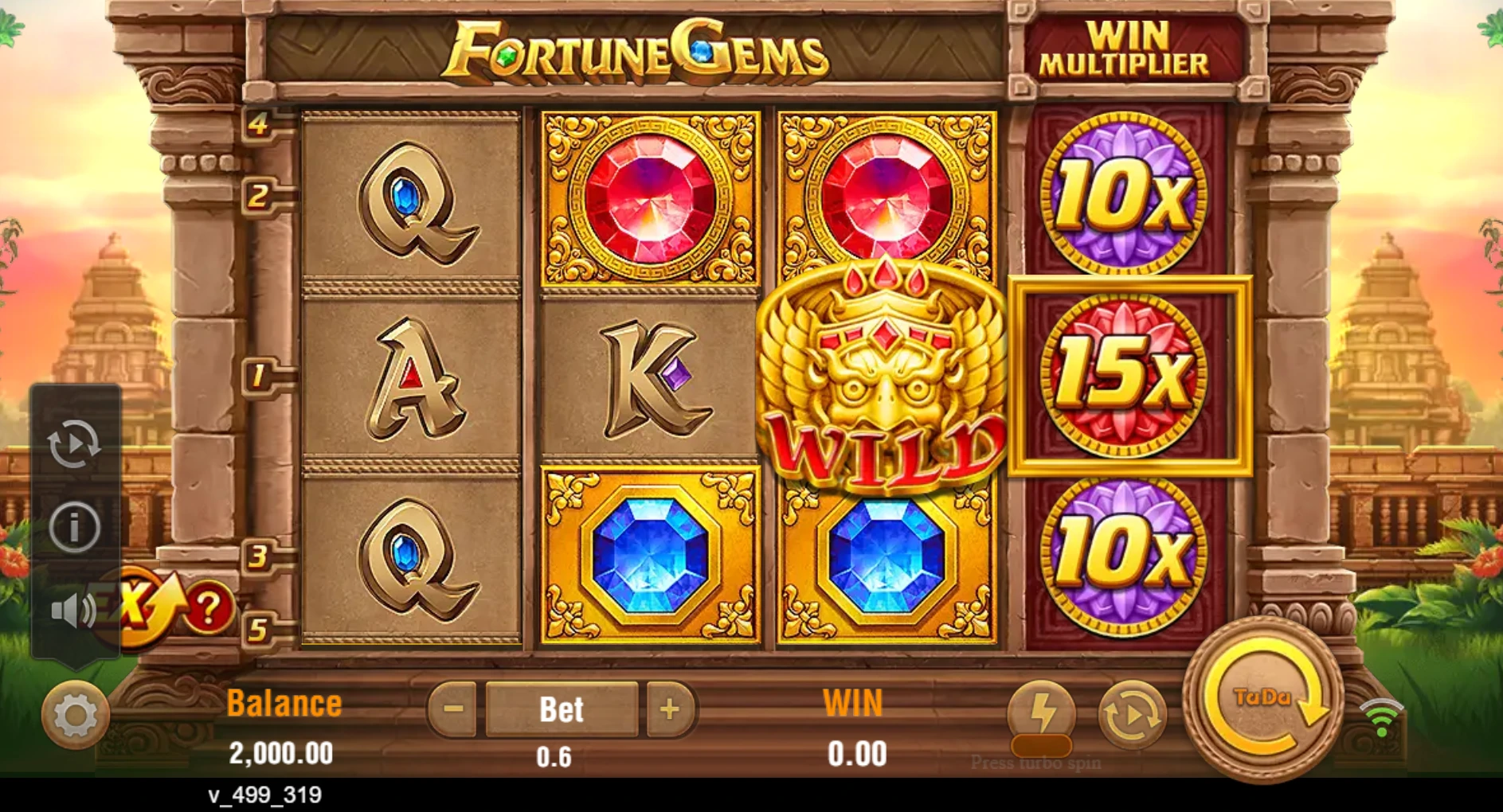 Fortune Gems slot gameplay showing reels, gem symbols and win multiplier reel